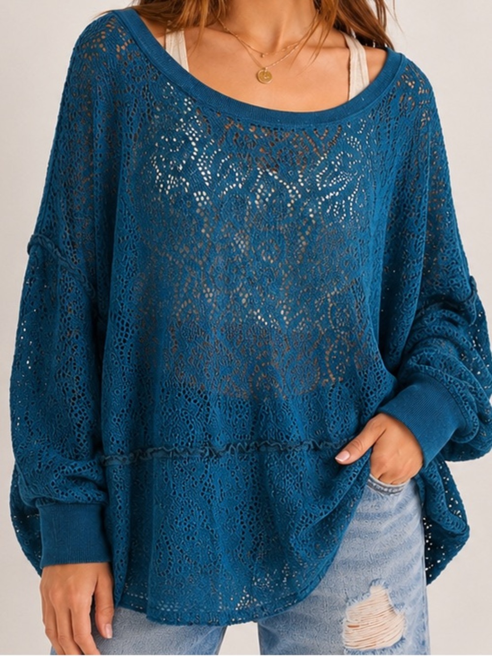 Free People Lace Knit Tunic Sweater Teal Blue Oversized Boho Size L